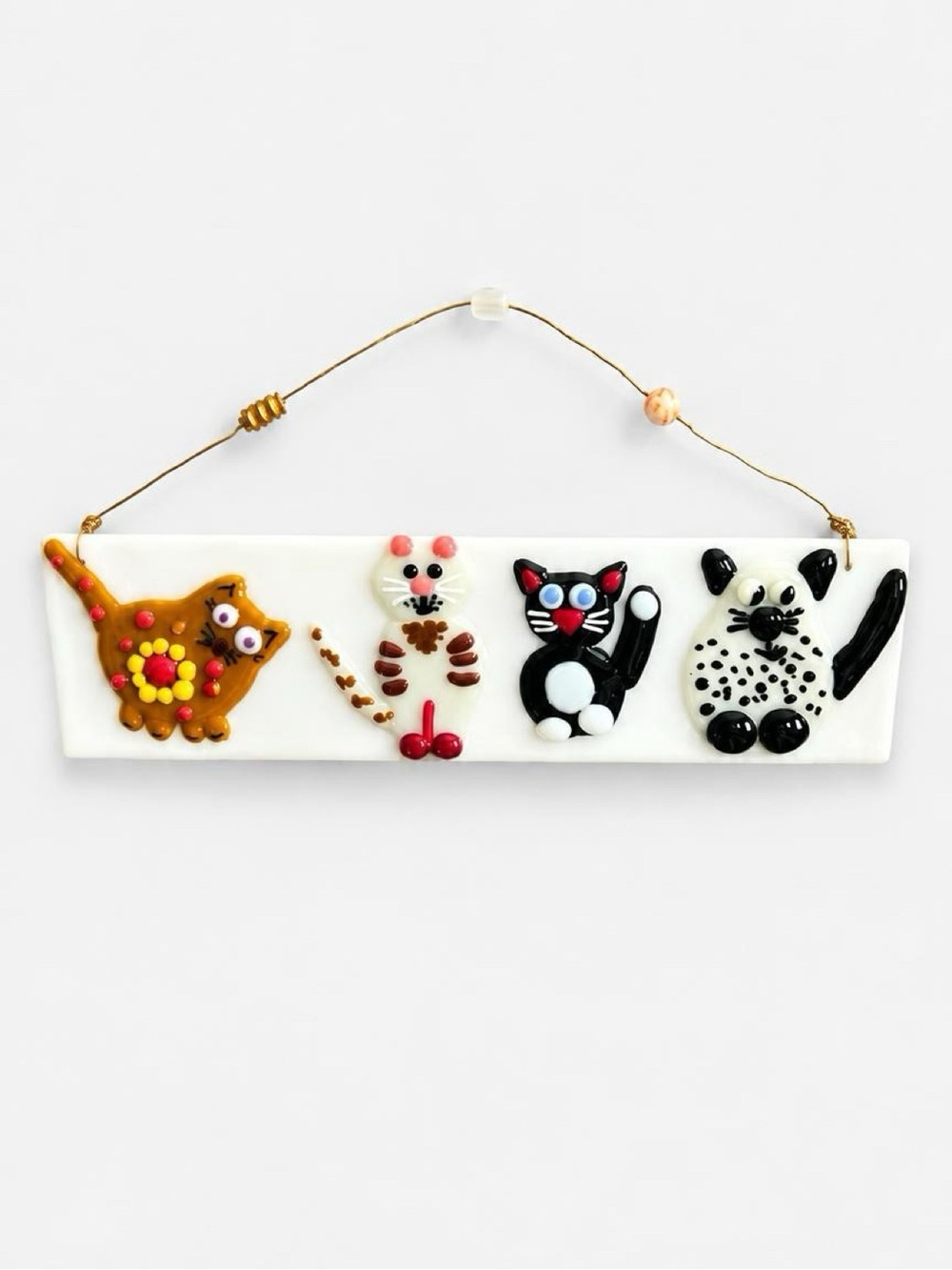 Handmade Fused Glass Four Cats Wall Hanging – Whimsical Cat Art 10” x 3”